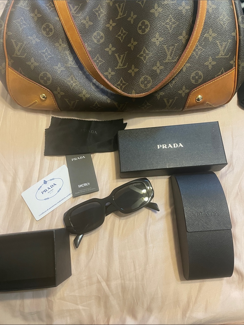 Prada Black Rectangular Sunglasses with Black Case and Accessories